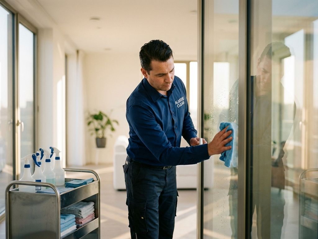 Professionele schoonmaker poetst raam in modern Almere appartement met zonlicht en schoonmaakwagen