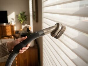 Stofzuiger met borstelkop reinigt witte horizontale jaloezieën, hand houdt slang vast, zonlicht door lamellen