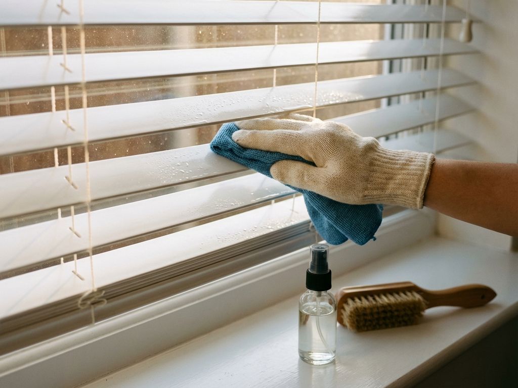 Hand reinigt witte jaloezie met microvezeldoek bij raam in natuurlijk licht
