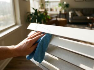Hand die witte jaloezie schoonmaakt met microvezeldoek, contrast tussen schone en stoffige lamellen zichtbaar
