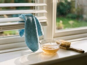 Schoonmaakspullen op witte vensterbank met microvezeldoek over jaloezie, zeepwater en borstel in ochtendlicht