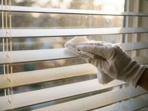Hand reinigt witte jaloezieën met microvezeldoek, toont contrast tussen schone en vergeelde lamellen in natuurlijk licht