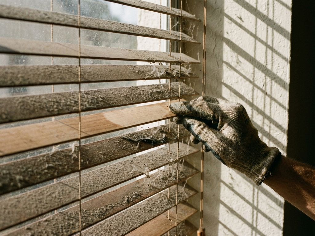 Stoffige horizontale jaloezieën met vuil en spinnenwebben, gehandschoende hand toont verschil tussen schoon en vies


---