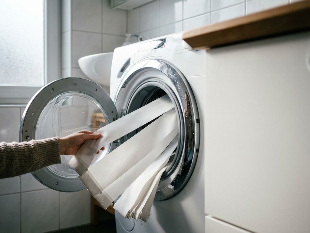Hand plaatst witte verticale lamellen in open wasmachine, badkamer met natuurlijk licht en witte tegels