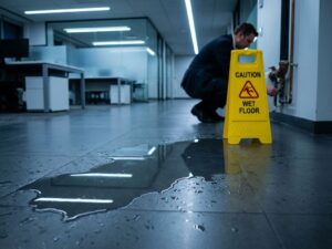 Waterlekkage op kantoorvloer met gele waarschuwingskegel en medewerker die leidingschade inspecteert