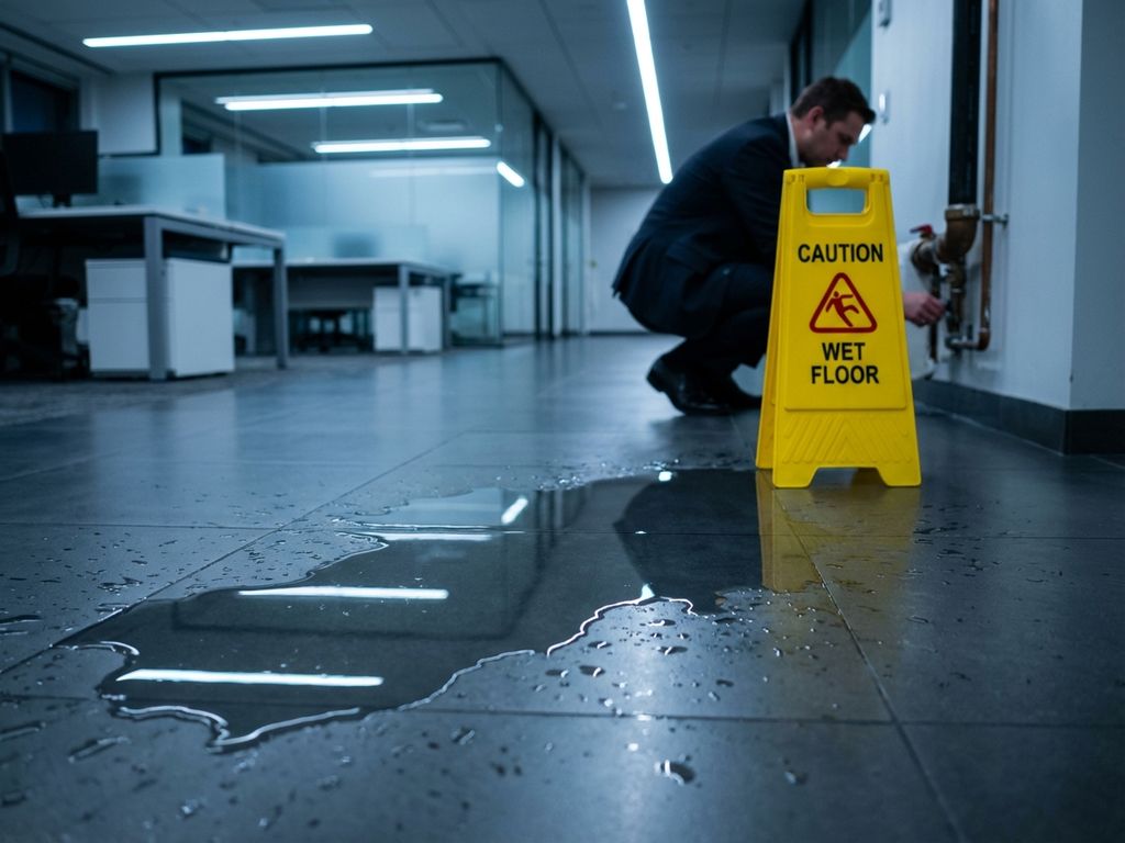 Waterlekkage op kantoorvloer met gele waarschuwingskegel en medewerker die leidingschade inspecteert