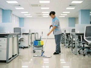 Professionele schoonmaker die met een microvezelmop een gepolijste kantoorvloer dweilt, kleurgecodeerde emmer en lege bureaus op de achtergrond.