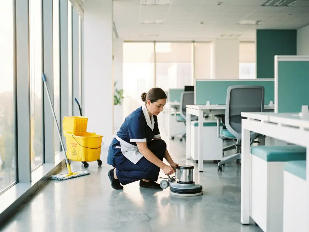 Professionele schoonmaker polijst glanzende vloer in open kantoorruimte met rijen bureaus en ergonomische stoelen in ochtendlicht.