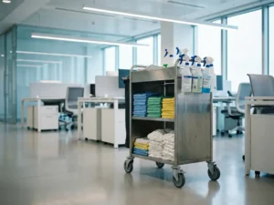 Professionele schoonmaaktrolley met kleurgecodeerde microvezeldoeken en sprayflacons in een modern kantoor met gepolijste vloeren.
