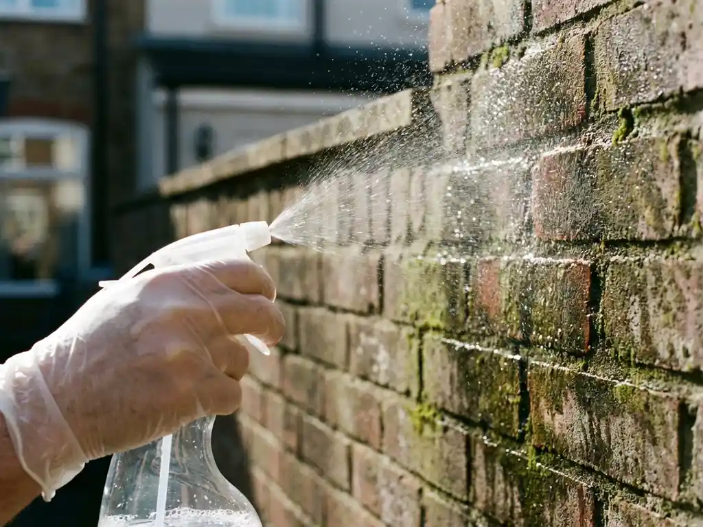 Hand met spuitfles reinigt met azijn een vervuilde bakstenen muur met mos en algen, waterdruppels in daglicht
