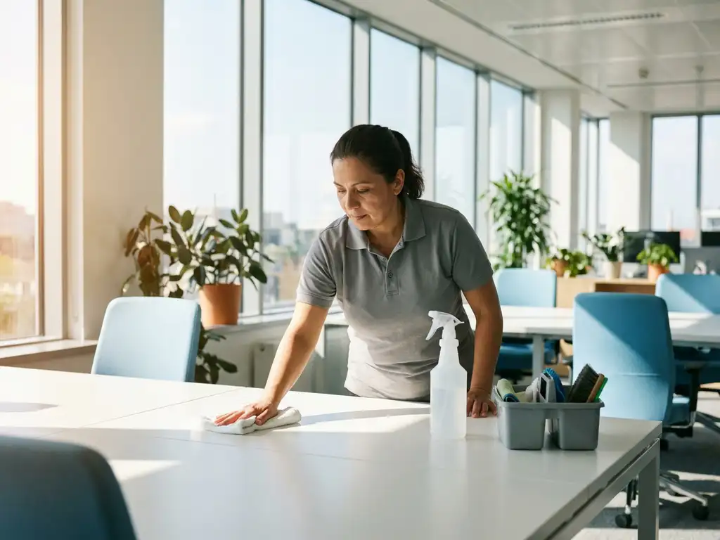 Professionele schoonmaker reinigt modern kantoorbureau met witte microvezeldoek in lichte open werkruimte.