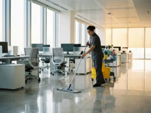 Professionele schoonmaker met microvezelmop op glanzende kantoorvloer, rijen bureaus en ergonomische stoelen op de achtergrond.