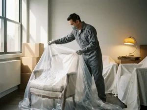 Verhuistechnicus in beschermende kleding wikkelt kwetsbaar meubilair in plastic folie, verhuisdozen op achtergrond.