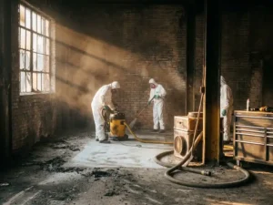 Professioneel reinigingsteam in beschermende pakken voert brandschaderenovatie uit in roetbesmeurd bedrijfspand met industriële reinigingsapparatuur.