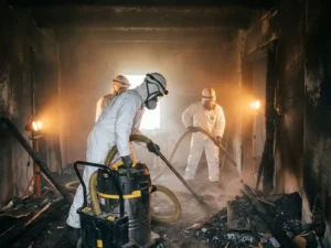 Professioneel reinigingsteam in beschermende pakken bij brandschadereparatie in roetbedekte ruimte met industriële vacuümapparatuur.