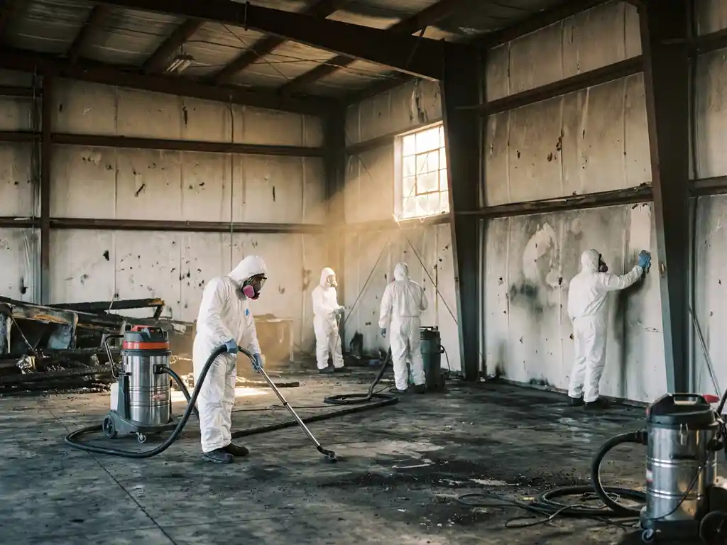 Professioneel reinigingsteam in beschermende pakken bij brandschadereininging in commercieel pand met roetsporen op muren.