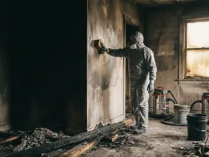 Professionele schoonmaker in beschermende uitrusting reinigt roetbedekte muur in brandschade kamer met industriële apparatuur.