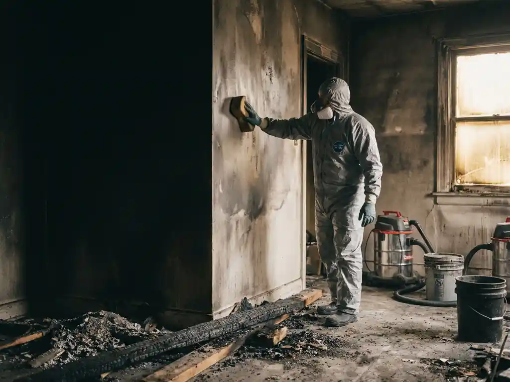 Professionele schoonmaker in beschermende uitrusting reinigt roetbedekte muur in brandschade kamer met industriële apparatuur.