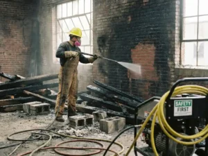 Schoonmaaktechnicus in beschermende uitrusting die met hogedrukreiniger roetswarte muren reinigt in brandgeschaad bedrijfspand.