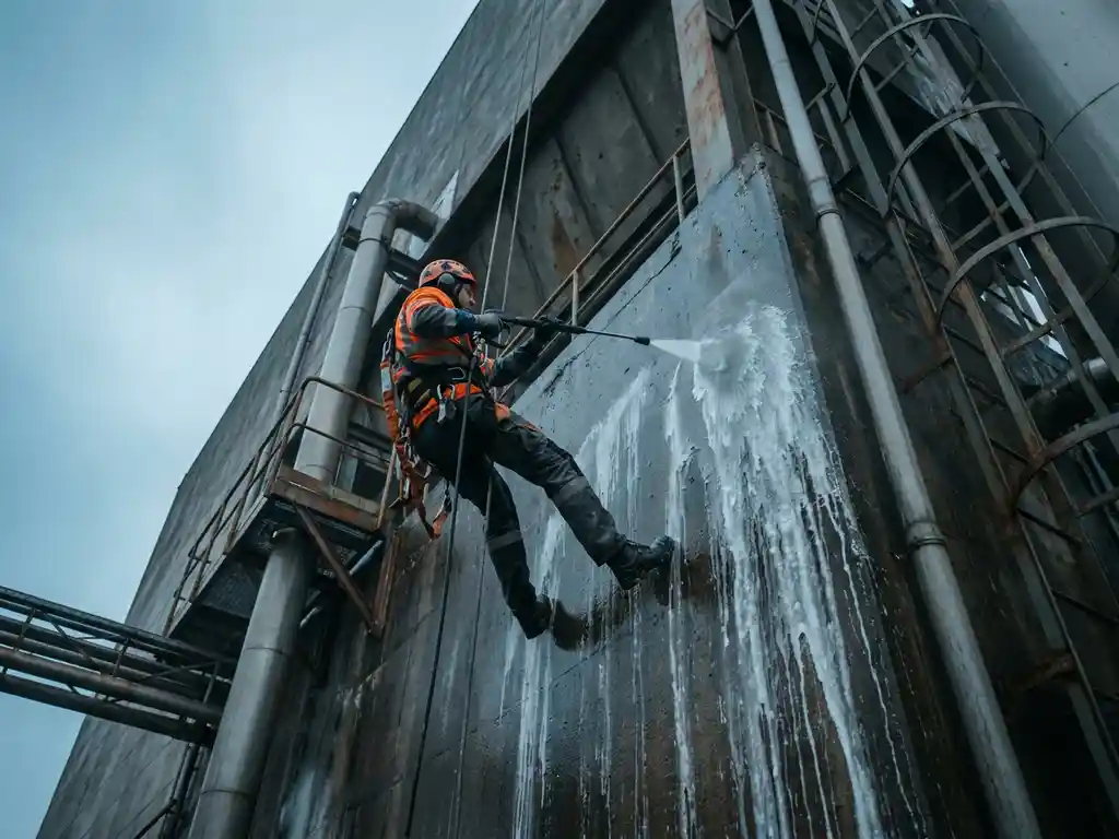 Professionele reiniger in veiligheidsharnas rappelt langs industriële gevel met hogedrukreiniger, zeepwater langs donker beton.