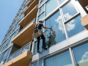 Glazenwasser op touwtoegangplatform reinigt glazen gevel van modern flatgebouw met trekker, blauwe lucht weerspiegeld in glanzende panelen.