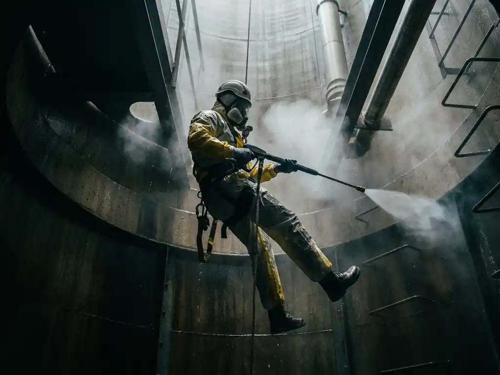 Industriële reiniger in beschermende uitrusting daalt af in metalen graansilo met hogedrukreiniger, waterdamp stijgt op.