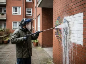 Professionele reiniger verwijdert graffititags van terracotta bakstenen gevel met hogedrukspuit, zeepwater stroomt langs de muur.