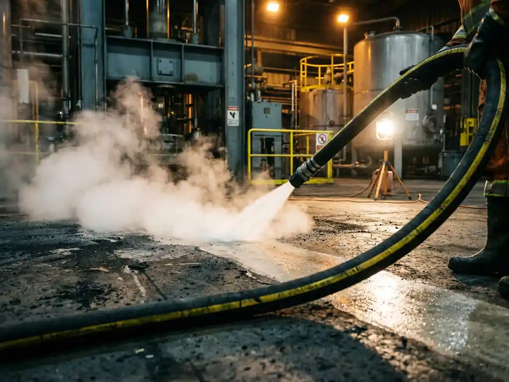 Hogedrukslang reinigt vuile betonnen fabrieksloer, stoom stijgt op terwijl schoon oppervlak zichtbaar wordt, stalen machines op achtergrond.