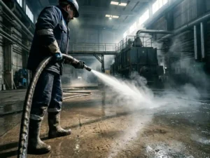 Industriële reiniger richt hogedrukwaterstraal over betonnen fabrieksvloer, omgeven door stoom en stalen machinerie.