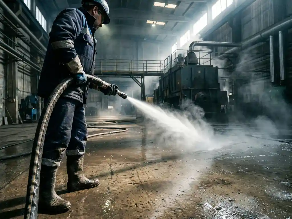 Industriële reiniger richt hogedrukwaterstraal over betonnen fabrieksvloer, omgeven door stoom en stalen machinerie.