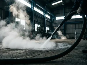 Hogedrukreiniger blaast stoom over betonnen fabrieksvloer in donker industrieel magazijn met stalen dakbalken.
