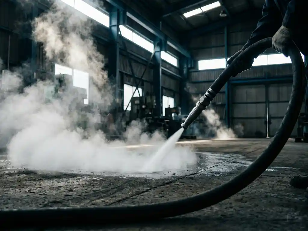 Hogedrukreiniger blaast stoom over betonnen fabrieksvloer in donker industrieel magazijn met stalen dakbalken.