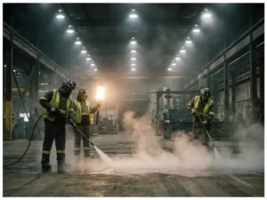 Industrieel reinigingsteam met hogedrukreinigers op betonvloer van lege fabriekshal, stoom en werklampen in schemerlicht.
