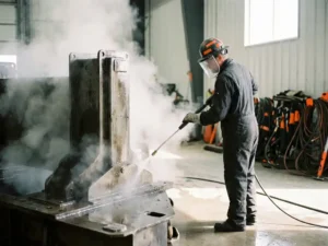 Industrieel medewerker in veiligheidspak reinigt stalen productiemachine met hogedrukreiniger, stoom stijgt op in fabriek.