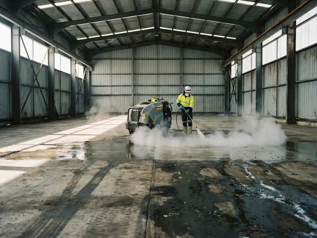 Reinigingsmedewerker met hogedrukreiniger op industriële betonvloer, stoom stijgt op in groot magazijn met stalen dakbalken.