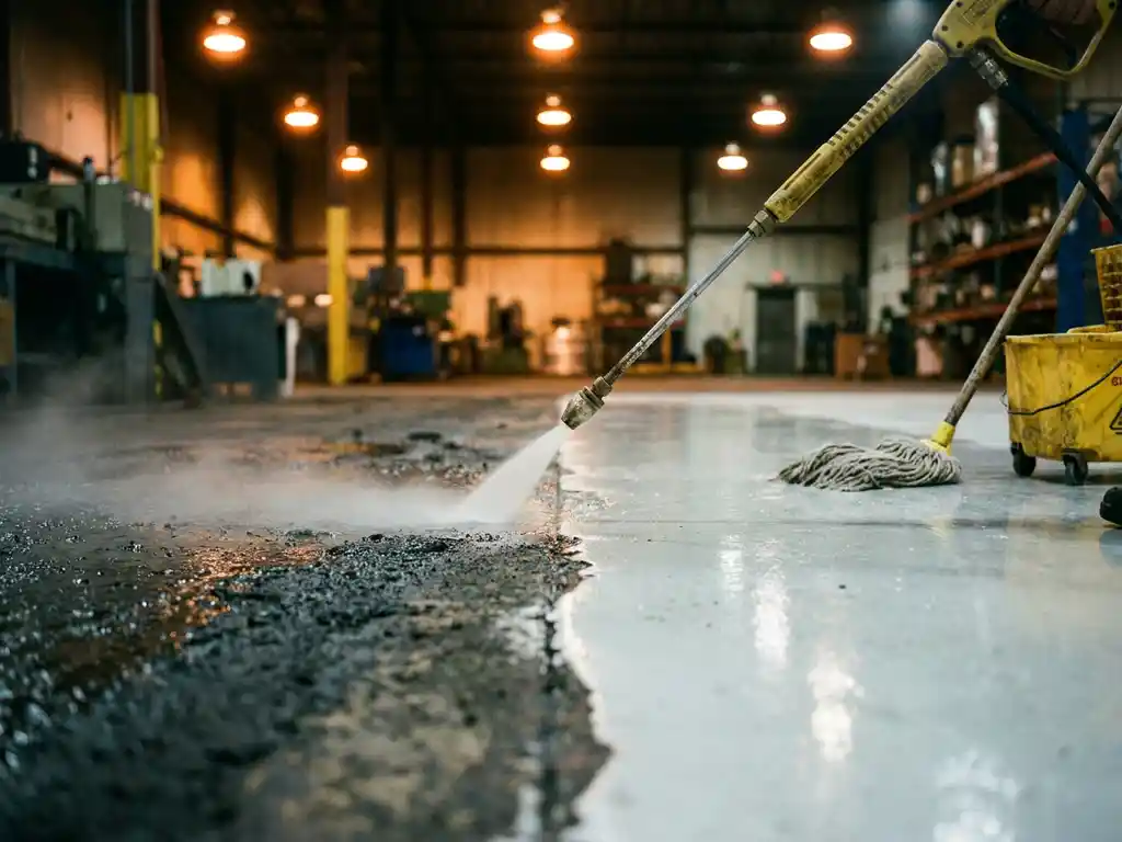 Hogedruklans reinigt vuile industriële betonvloer naast mop en emmer, dramatisch contrast tussen vies en glanzend magazijnoppervlak.