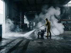 Professionele werknemer in beschermende uitrusting die een hogedrukreiniger gebruikt op een grote industriële betonvloer in een magazijn, met opstijgende stoom.