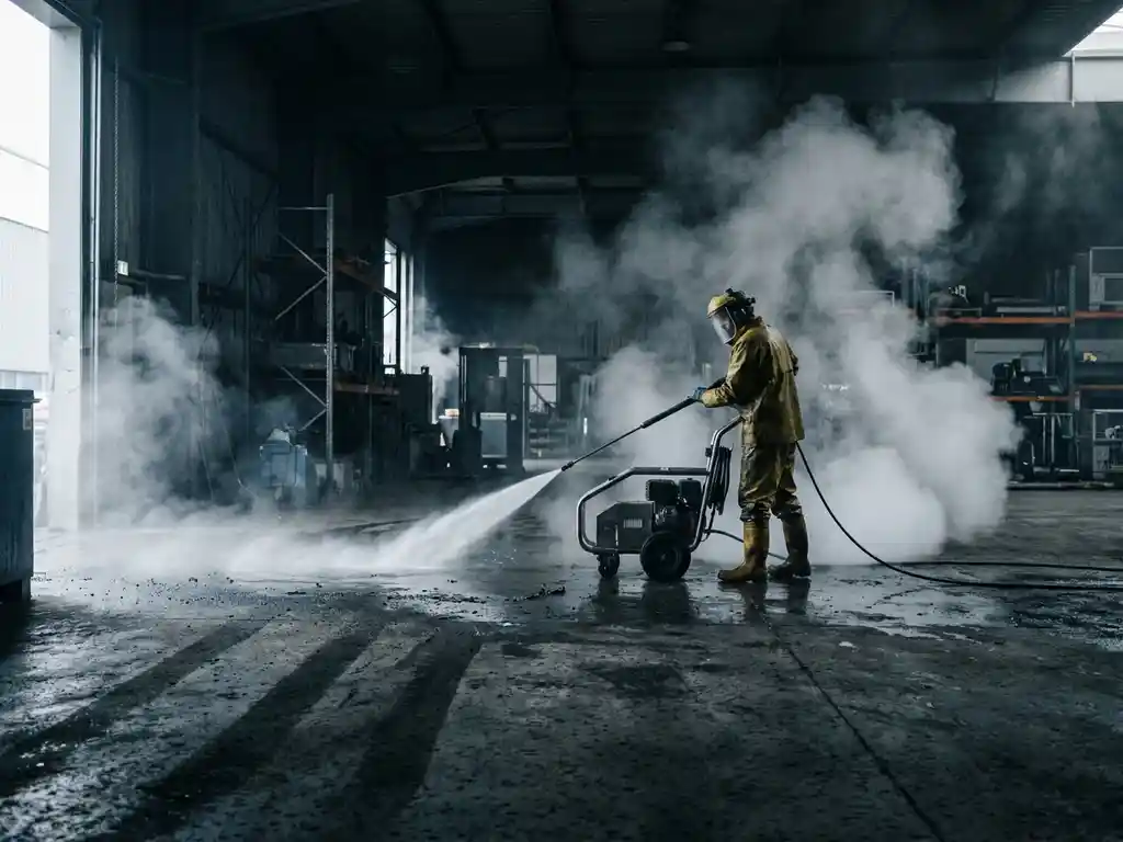 Professionele werknemer in beschermende uitrusting die een hogedrukreiniger gebruikt op een grote industriële betonvloer in een magazijn, met opstijgende stoom.