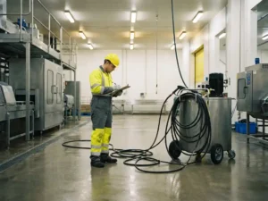 Industrieel reinigingsmedewerker in beschermende uitrusting met klembord op fabrieksvloer, hogedrukreinigingsapparatuur zichtbaar op achtergrond.