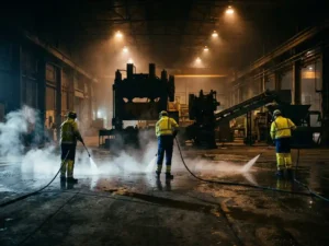 Industrieel schoonmaakteam reinigt fabriekshal met hogedrukreiniger tijdens nachtdienst, stoom stijgt op van nat betonnen vloer.