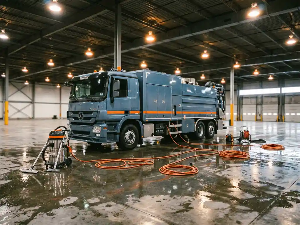 Industriële truck-mounted reinigingsunit in leeg magazijn met hogedrukslangen en natte vacuümapparatuur op glanzende betonvloer.