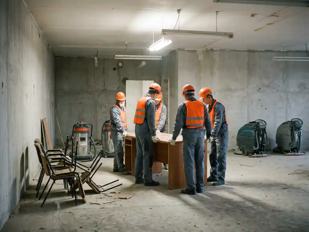 Professioneel schoonmaakteam in uniform dat kantoormeubilair verwijdert uit een leegstaande commerciële ruimte met betonnen vloeren.
