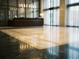 Glanzende marmeren lobbyvloer na professionele reiniging, met gepolijste receptiebalie en hoge glasramen op de achtergrond.