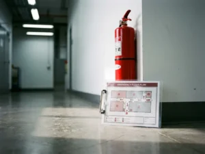 Gelamineerd ontruimingsplan op klembord op industriële hallvloer, met rode brandblusser aan witte muur op de achtergrond.