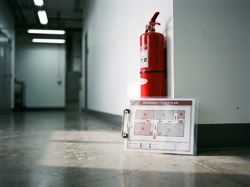 Gelamineerd ontruimingsplan op klembord op industriële hallvloer, met rode brandblusser aan witte muur op de achtergrond.