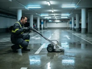Schoonmaakmedewerker met hogedrukreiniger op natte betonvloer van parkeergarage, witte rijstrookmarkeringen op de achtergrond.