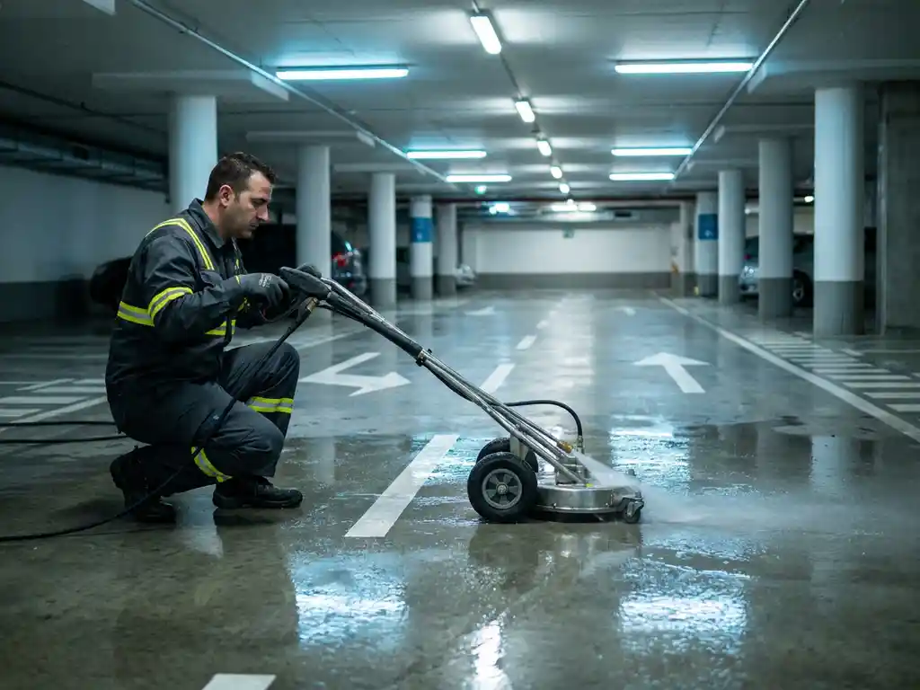 Schoonmaakmedewerker met hogedrukreiniger op natte betonvloer van parkeergarage, witte rijstrookmarkeringen op de achtergrond.