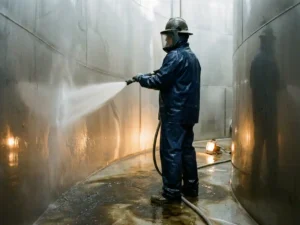 Industriële werknemer in beschermende uitrusting die de binnenkant van een roestvrijstalen opslagtank hogedrukreinigt.