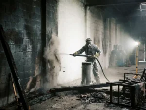 Schoonmaaktechnicus in beschermende uitrusting reinigt roetbedekte muur na brand in commercieel pand.