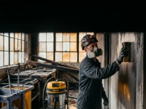 Schoonmaaktechnicus in beschermende uitrusting reinigt met roet bedekte muren in brandgeschadigd bedrijfspand.